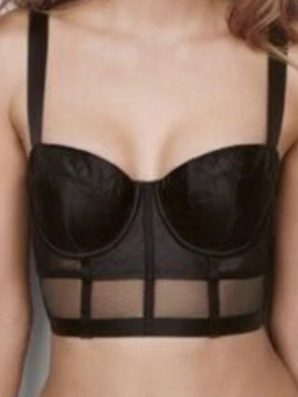 Victoria's Secret Very Sexy Black Satin Mesh Quilted longline balconet bra